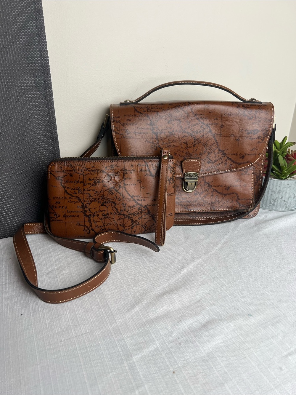Patricia Nash Cognac Map-Print Leather Crossbody Messenger with Wristlet